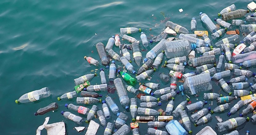 Plastic bottles floating in sea
