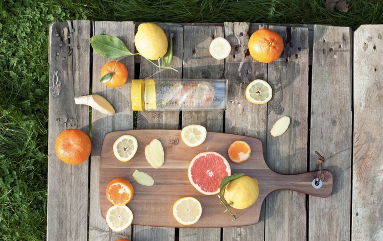 Picnic bench with fresh fruits